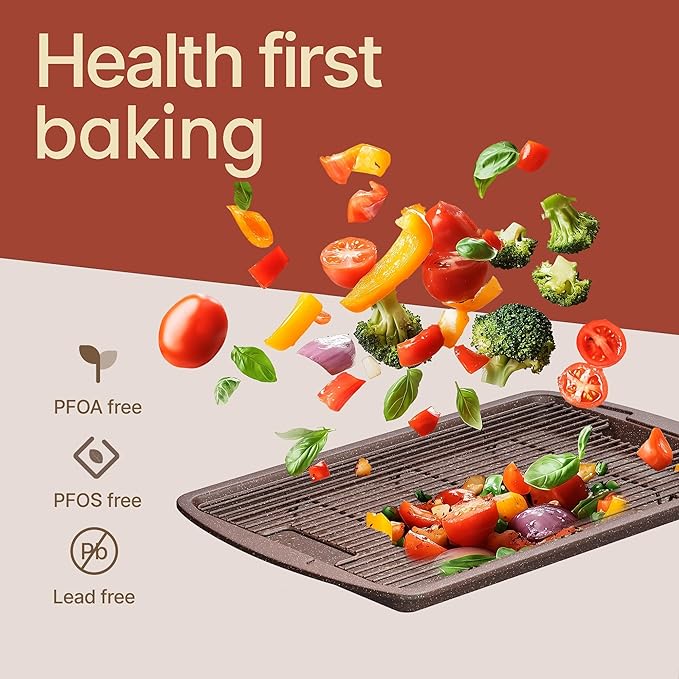 Cookie Sheet with Wire Rack Set, 2-Piece Nonstick Brown Marble Carbon Steel Pan & Cooling Rack, Space-Saving Stackable Set, PFOA, PFOS, PTFE Free, Oven Safe Up to 450°F, 17.4" Pan & 14.7" Rack