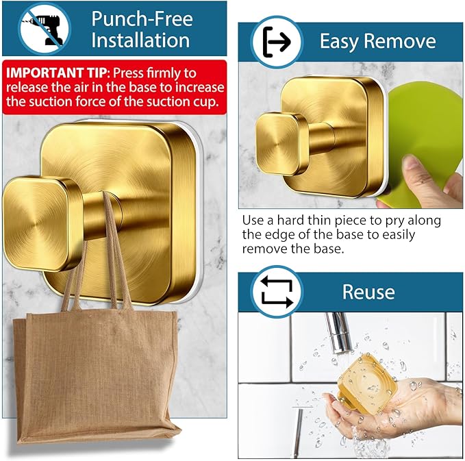 Suction Cup Hooks for Shower,No-Drill Removable Duty Shower Suction Cup Wreath Hooks for Bathroom Wall, Glass, Windows,Mirrors Kitchen to Hang Towels,Robes,Coat, Loofah-Gold(4 Pack)