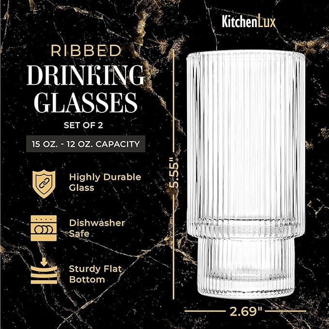 Ribbed Drinking Glasses - Ribbed Glass Cups 12 oz - Ribbed Glassware Set of 12 - Textured Vintage Retro Ripple Aesthetic Glass Ware for Whiskey Cocktail Beer Water, Coffee Bar Accessories