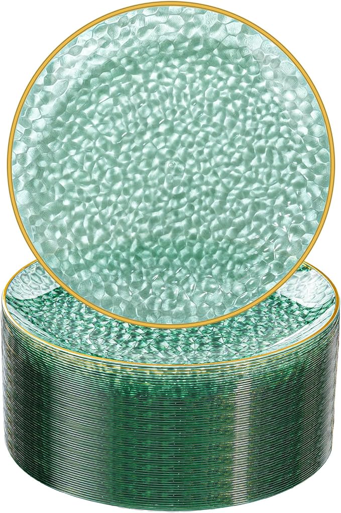 Rubtlamp 100 Pcs Clear Green Plastic Plates, Gold Hammered Plastic Salad Platos, Green Disposable Platos With Gold Rim,7 Inch Dessert Platos Disposable, Dessert Appetizer Platos