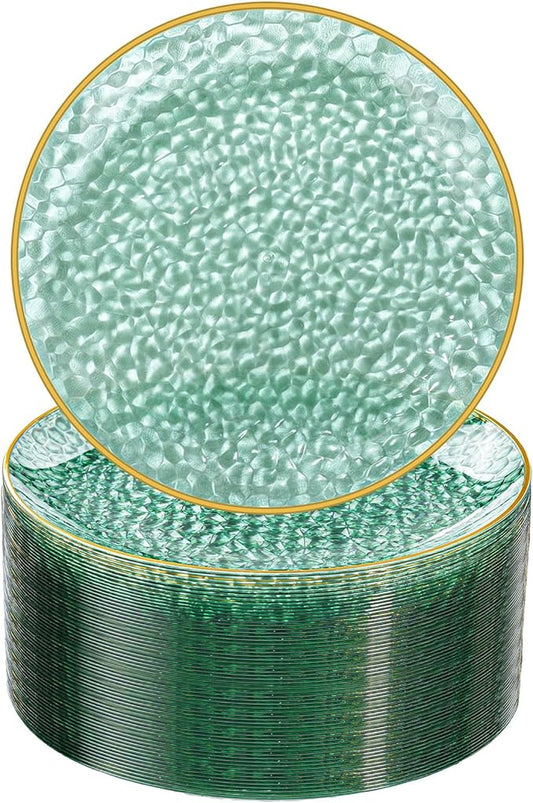 Rubtlamp 100 Pcs Clear Green Plastic Plates, Gold Hammered Plastic Salad Platos, Green Disposable Platos With Gold Rim,7 Inch Dessert Platos Disposable, Dessert Appetizer Platos