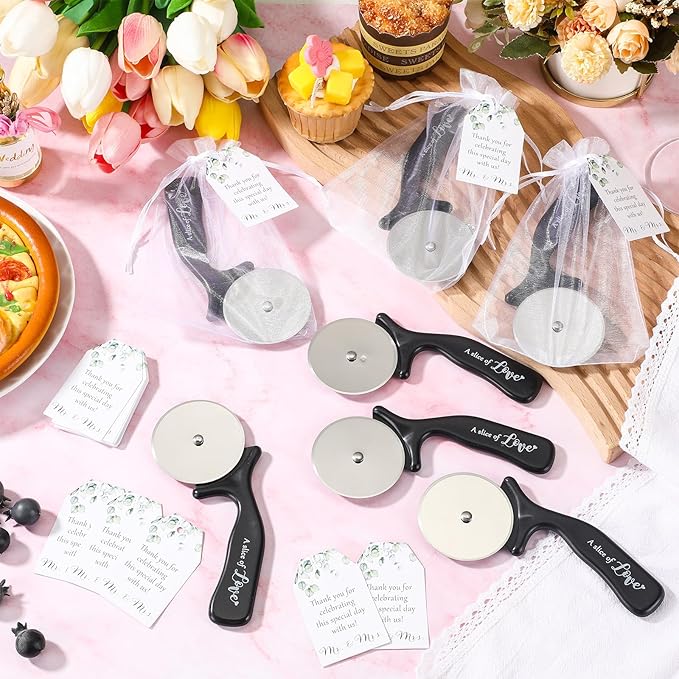 50 Set Wedding Party Favor for Guests Include a Slice of Love Stainless Steel Pizza Cutter Thank You Cards and Organza Gift Bags Pizza Cutter Wheels for Bridal Shower Return Gifts