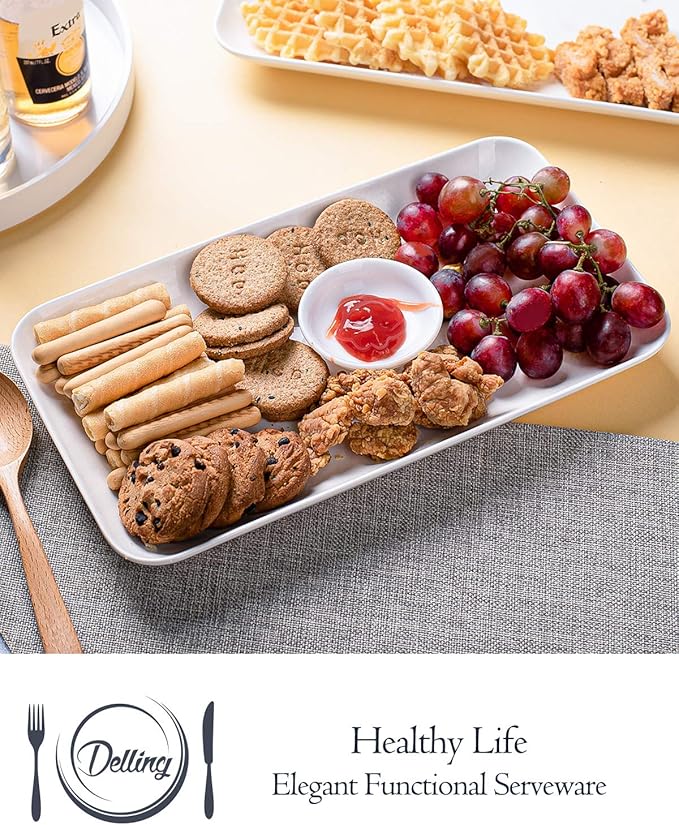 DELLING 12 Inch Serving Platter Set of 3, White Rectangular Serving Plates, Porcelain Serving Trays for Party Entertaining, Large Platters for Meat Sushi Appetizer, Oven Microwave Dishwasher Safe
