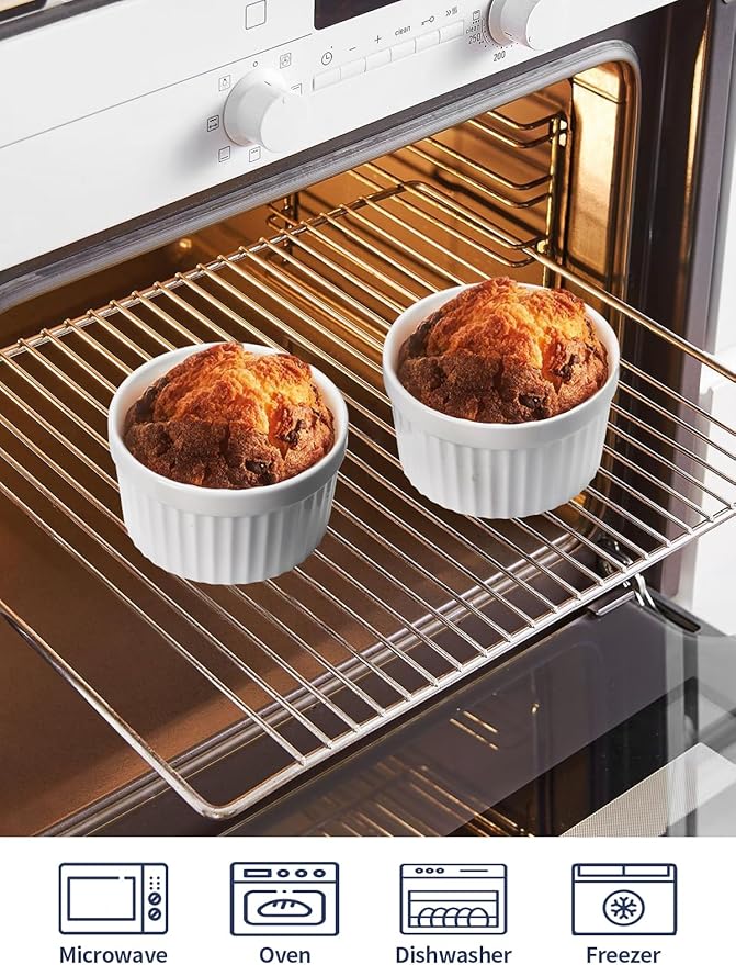 8 oz Ramekins Set of 6, Porcelain Ramekins Oven Safe,Small Souffle Dishes for Creme Brulee, Ice Cream, and Sauces, 4 inch White Mini Baking Bowls