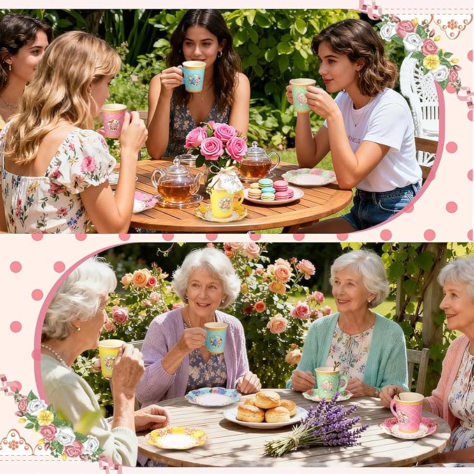 125 Pcs Tea Party Favors Set Floral Paper Teacups with Saucers, Vintage Style Tea Spoons, Disposable Spring Party Supplies for Hot or Cold Drinks, Ideal for Birthday Baby Shower Bridal