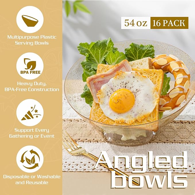 Liacere 16PCS Gold Plastic Serving Bowls - 54 OZ Angled Table Salad and Fruit Bowls Disposable for Chip & Candy - Ideal for Party & New Year