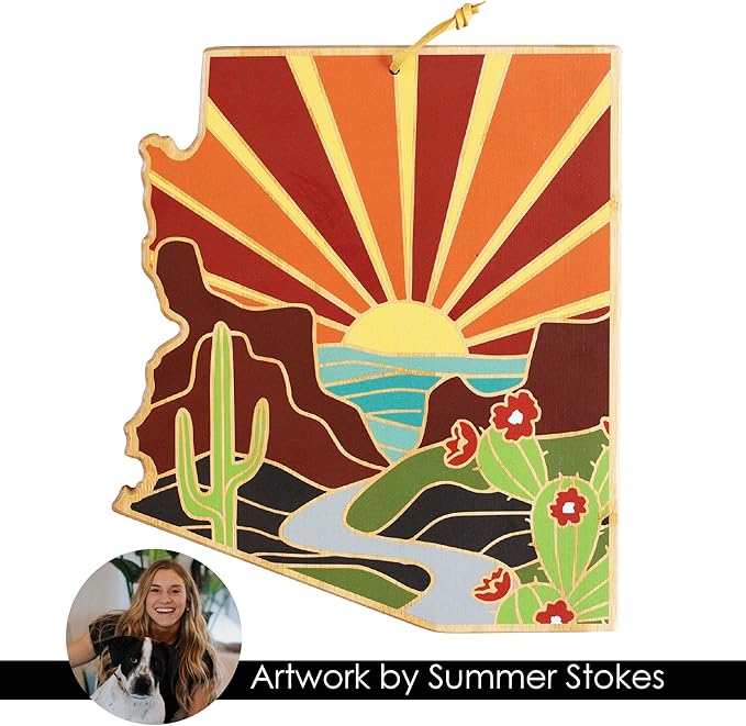 Totally Bamboo Arizona State Shaped Cutting Board and Charcuterie Serving Platter with Artwork by Summer Stokes, Includes Hang Tie for Wall Display