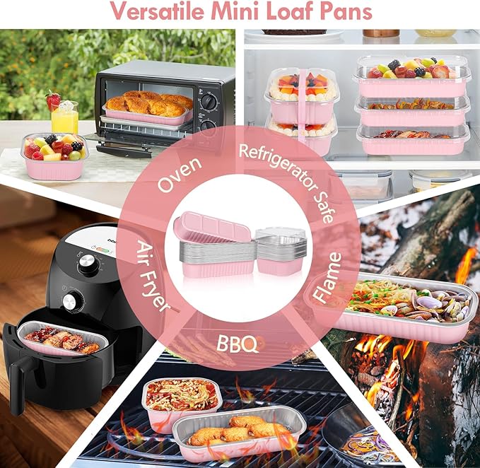 Mini Loaf Pans with Lids for Baking Bread Disposable, 50Pcs 6.8oz Mini Cake Pans with Lids and Spoons Pink Sticker & 30Pcs 10oz Square Aluminum Pans Kit, Dessert Foil Baking Cupcake Tins