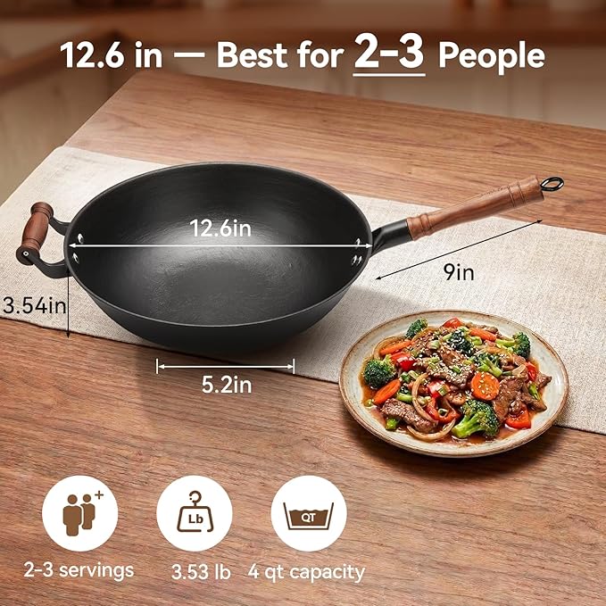 WANGYUANJI Cast Iron Wok Pan with Flat Bottom, 12.6 Inch Heavy Duty Uncoated Stir Fry Pan, Traditional Chinese Hand-Cast Deep Iron Pot for Electric Induction, Gas & Glass Top Stoves