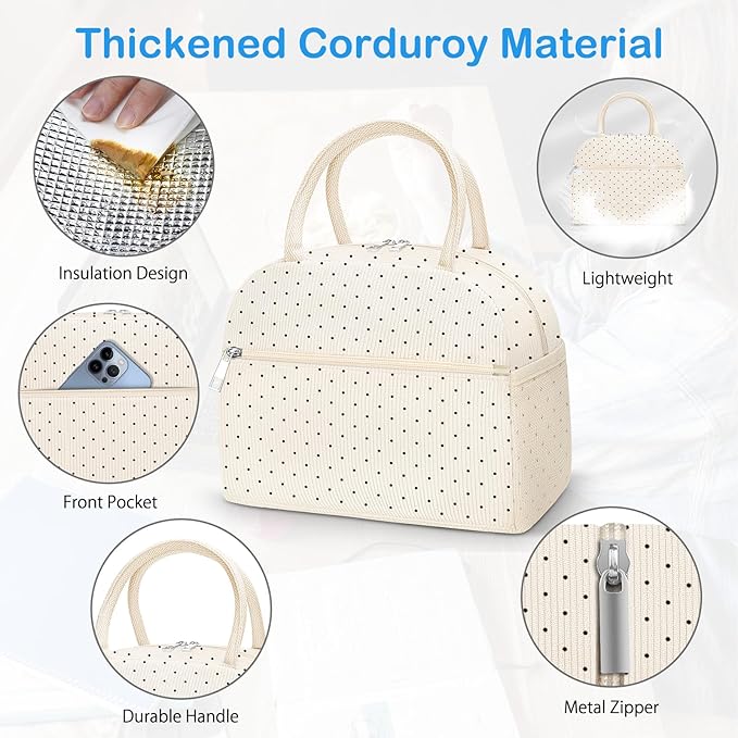 DALINDA Corduroy Lunch Box for Women,Insulated Lunch Bag Cute Cooler Tote Bag,Reusable 11L Large Capacity for Work Camping Picnic