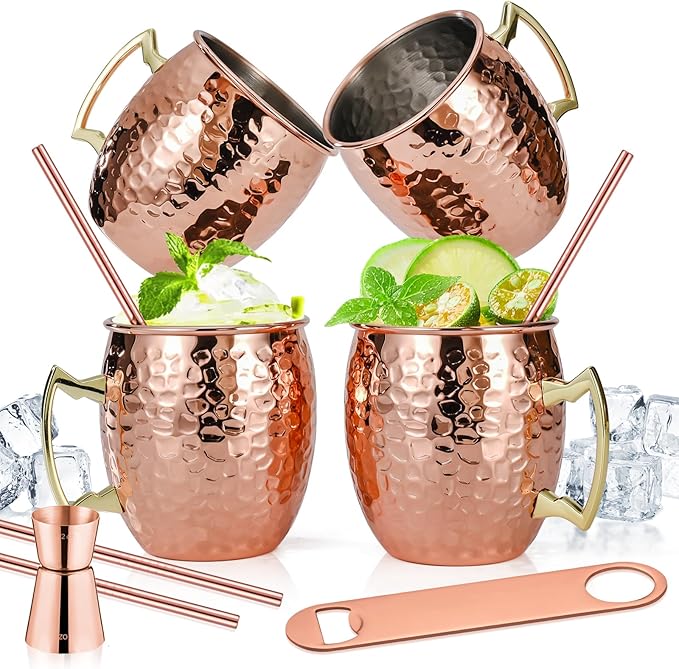 Moscow Mule Mugs Set of 4, 16 OZ Hammered Copper Cups with 304 Stainless Steel Lining and Gold Brass Handles, Includes Straws, Opener, Jigger, Brush, Fit for Cold Drinks, Bars, Parties