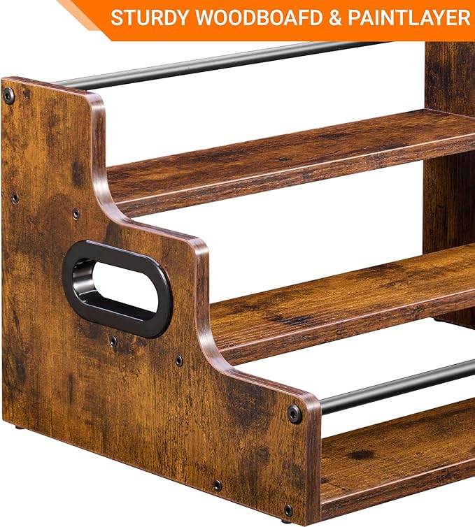 [Upgraded] Rustic Wood Liquor Bottle Display Shelf, 3-Tier Liquor Shelf for Bar Counter, Coffee Syrup Rack Organizer with Handles & Metal Guardrail, Bar Bottle Stand for Home, Kitchen, Cafe