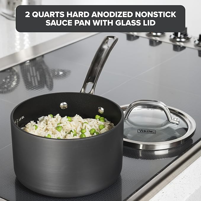 Viking Non Stick Sauce Pan with Glass Lid, 2 Quart Hard Anodized Nonstick Saucepan Cooking Pot, Dishwasher and Oven Safe, Induction Ready, Gray