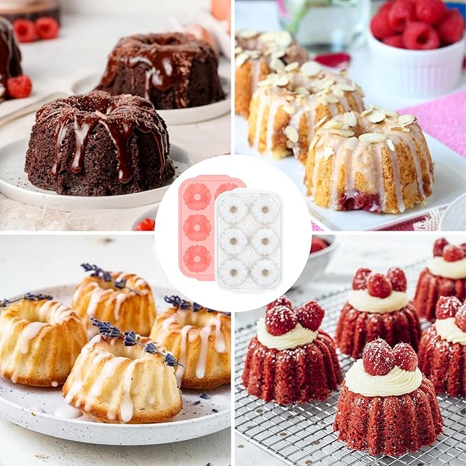 FUNBAKY Mini Fluted Tube Cake Pans for Baking with Metal Reinforced Frame, 2Pcs Silicone 6-Cavity Mini Flan Molds, Nonstick Baking Mold for Cupcake, Brownie, Donuts, Cornbread, Jello
