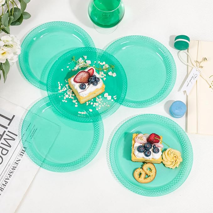 WELLIFE Teal Plastic Party Plates 7 Inch -150 Count, Translucent Green Disposable Dessert Neon Plates for Christmas Party St. Patrick's Day Easter Cake Salad Appetizers