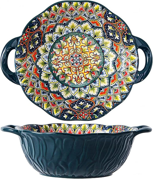 2 Pack Boho Ceramic Serving Bowls with Handles, 40 Oz Porcelain Salad Bowls, Large Serving Dishes for Entertaining, Mixing Bowls for Soup, Stew, Pasta, Cereal, Colorful Embossed Cute Bowls Set BLDS