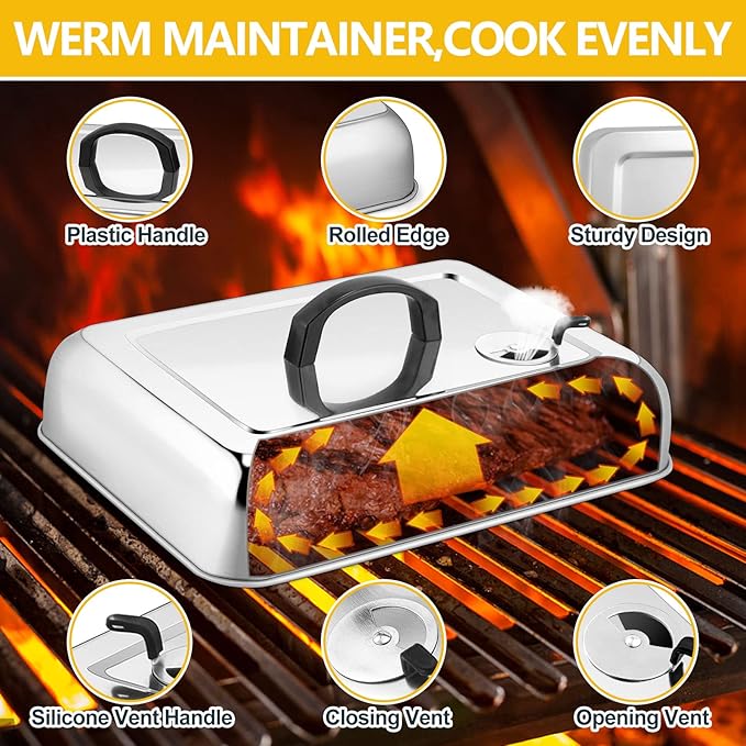 Leonyo 13" Rectangular Basting Cover with 11"x 9" Cooling Rack, Cheese Melting Dome & Wire Rack for Baking, Griddle Accessories with Steam Dome Lids for Oven, BBQ Flat Top Grill Cooking