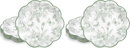 30Pcs Sage Green Floral Paper Plates, 7inch Vintage Dessert Cake Plate Scalloped Sage Green and White Plates Disposable Cute Toile Plate for Birthday Baby Bridal Shower (Pack of 2)