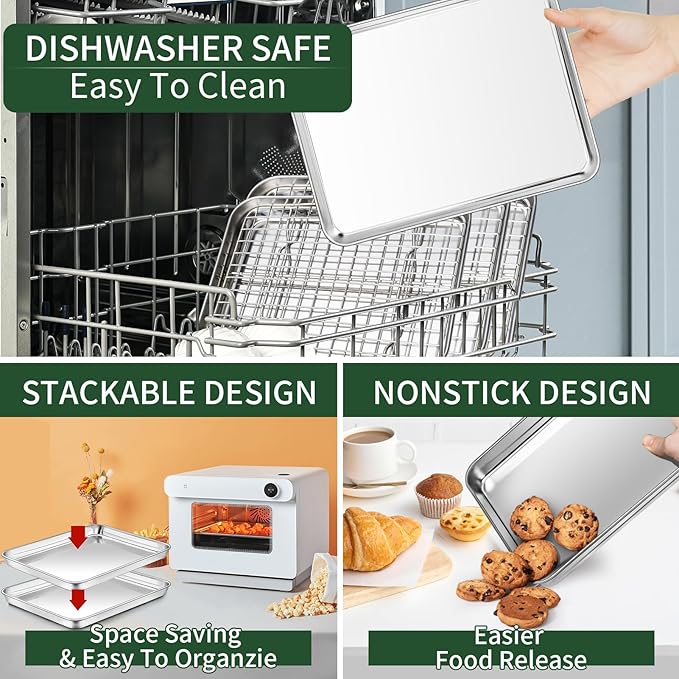 CEKEE Baking Sheet and Cooling Rack Set, 4PCS Stainless Steel Cookie Sheets for Baking with Baking Rack, Non Toxic & Heavy Duty & Easy Clean Baking Pan Tray for Toaster Oven, Size 18 x 12 x 1 Inch