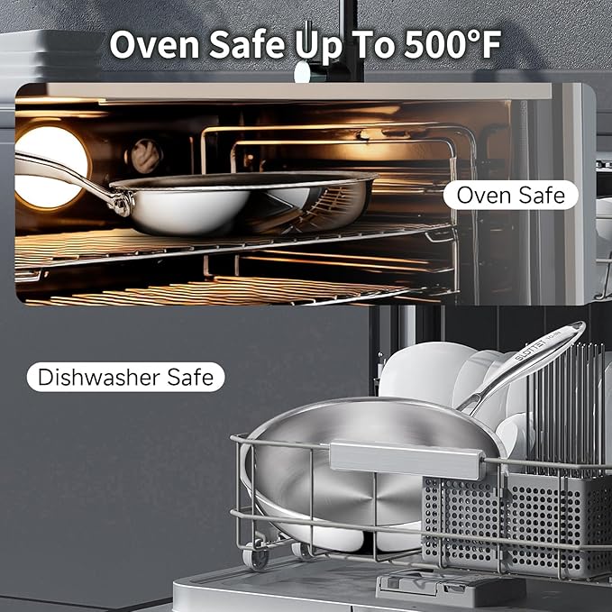 10 inch Tri-Ply Stainless Steel Frying Pan with Lid,No Coatings PFOA&PTFE Free Skillets,Chef's Pans,Dishwasher and Oven Safe Cookware, Compatible with All Cooktops