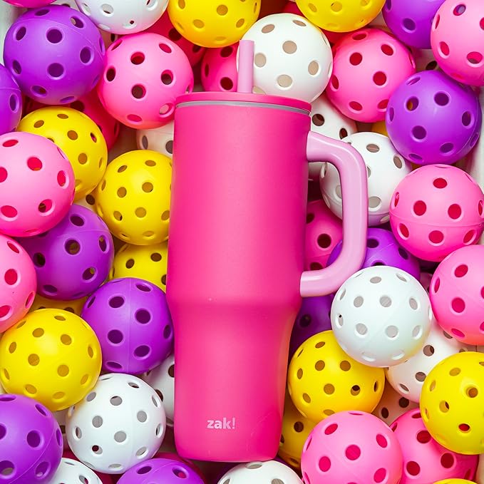 Zak Designs Sutton Travel Tumbler for On the Go, 40oz Stainless Steel with Vacuum Insulation, Silicone Straw, and Carry Handle for Cold Drinks (Razzberry Pink)
