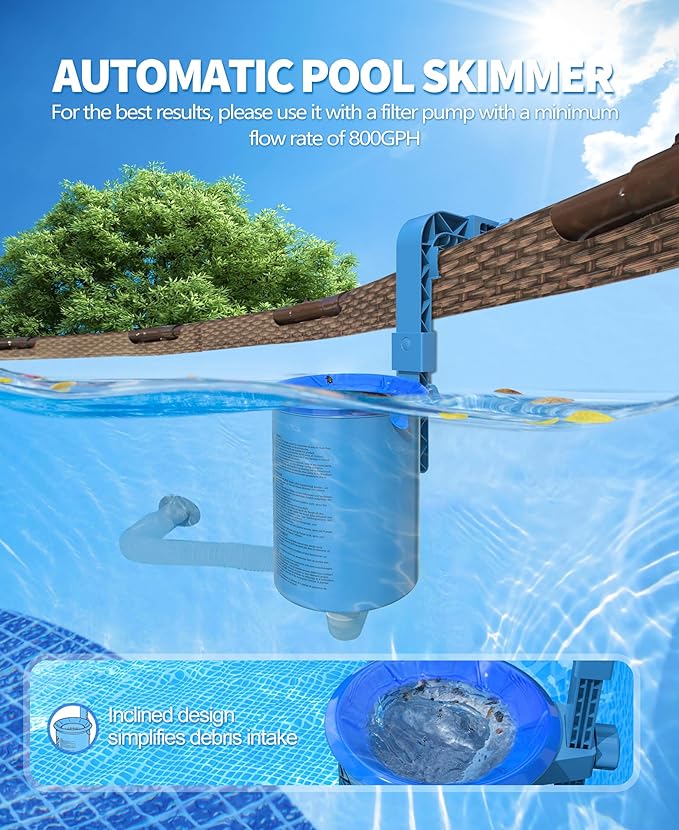 Upgrade Above Ground Pool Skimmer Comes with 3 Socks, Anti-tilt Wall Mount Surface Skimmer, Removable Skimmer Basket, Adjustable Height Bracket, Auto Skimming Pool Surface Leaves - Blue