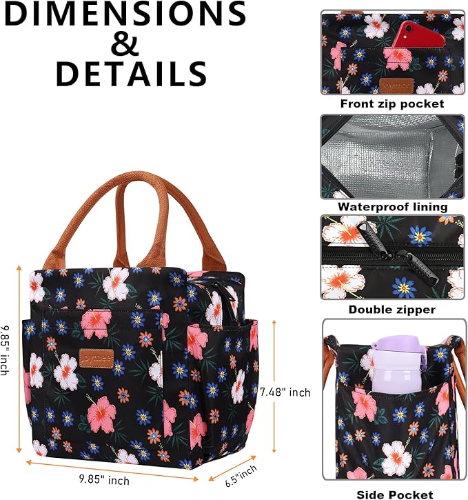 Joymee Lunch Bag Women Insulated Lunch Box Reusable Leakproof Large Spacious Cooler Tote for Women Men Adult with Bottle Holder and Side Pockets for Work Office Travel Picnic -Black Floral
