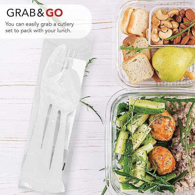 Party Essentials Individually Wrapped Plastic Cutlery Packets/Heavy Duty Silverware Kits, Fork/Spoon/Knife/Napkin/Salt/Pepper, 50 Utensils Sets, White