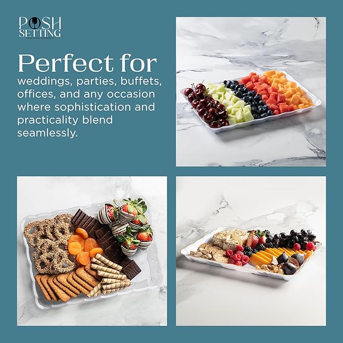 Posh Setting Clear Serving Trays Disposable - Plastic Platters - Plastic Platters and Trays for Party- Clear, Gold & Black, White Serving Dishes, 9x13, 4 Pack