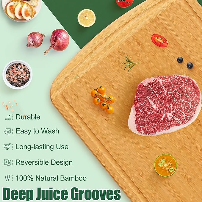 Homaxy Bamboo Cutting Boards for Kitchen Set of 2, Wood Cutting Board Set with Juice Groove, Wooden Butcher Block Chopping Board Set for Kitchen, Meat, Cheese, Fruit & Vegetables - Pre Oiled, Two-Tone