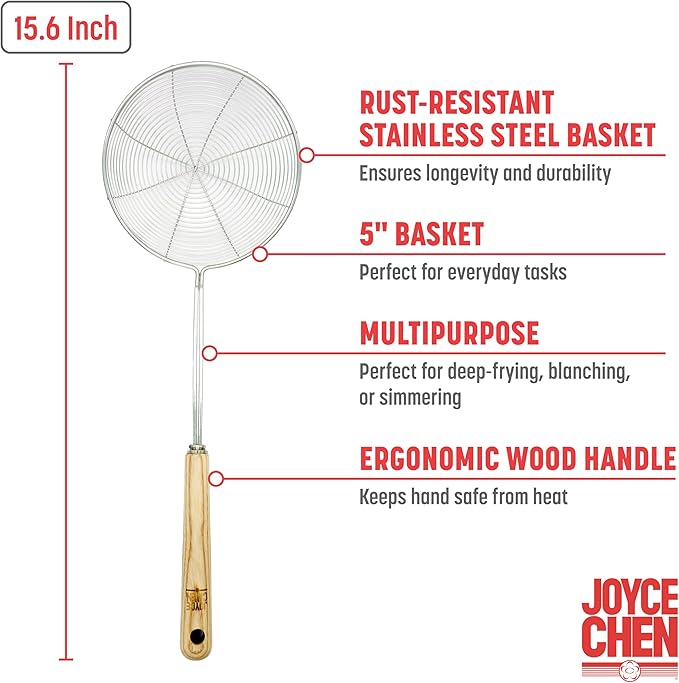 Joyce Chen Deluxe Kitchen Spider Strainer Stainless Steel 5-Inch Wire Basket with Heat-Resistant Wood Handle