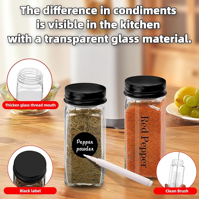 9Pcs 4 oz Square Glass Spice Jars with Label, Empty Containers with black iron Lids, Square Seasoning Containers Trial and Supplement Set, Small Seasoning Bottles for Salt, Herbs, Sugar, Pepper (9)