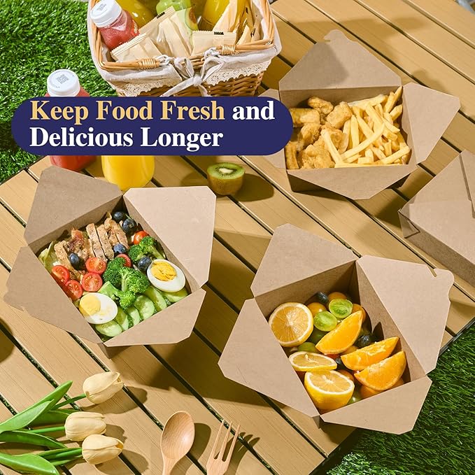 LITOPAK 50 Pack 45 oz To Go Food Containers, Kraft Brown Take Out Food Containers Leak Grease Resistant and Stackable for Restaurants, Homes, Offices, Picnics