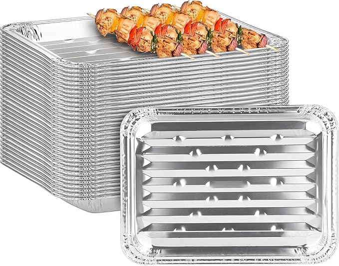 PARTY BARGAINS Aluminum Broiler Pans 24 Pack, Heavy-Duty Disposable Grill & Roasting Pans for BBQ, Oven & Catering, Ribbed Bottom for Even Heat - (Max 240°C)