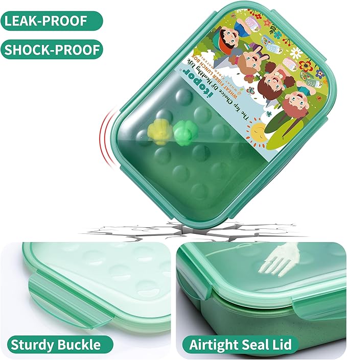 Wheat Straw Lunch Box, Leakproof 3-Compartment Bento Box for Kids & Adults, BPA-Free, Microwave & Dishwasher Safe, 5.5 Cup/1400 ml, Sage Green