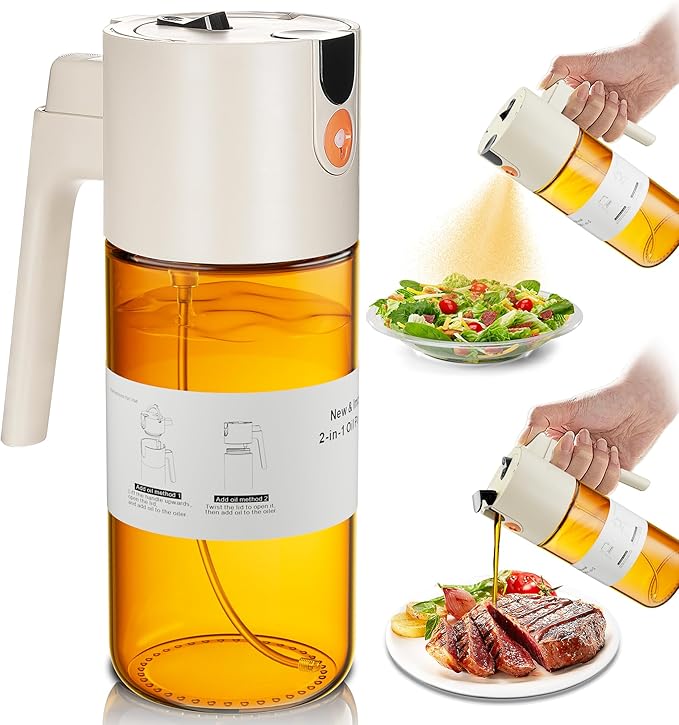 Upgrade 2 in 1 Oil Sprayer for Cooking, 17oz Light-Blocking Glass Olive Oil Dispenser Bottle for Kitchen,Food-Grade Oil Mister with 8 Stickers for Salad, Frying (Brown Bottle-White Cap)
