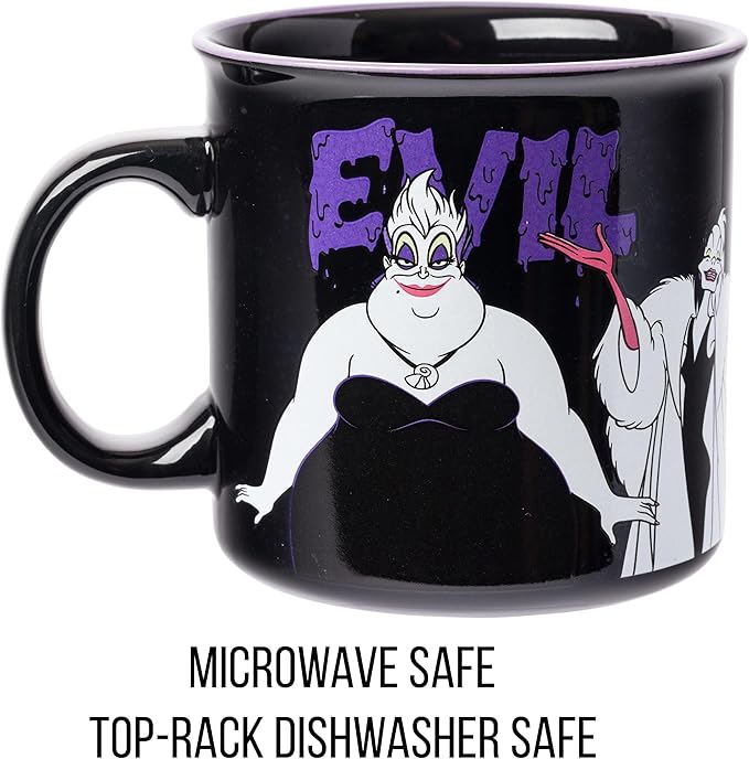 Silver Buffalo Disney Villains Evil Featuring Ursula, Cruella de Vil, The Evil Queen, and Maleficent Ceramic Camper Mug, 20 Ounces