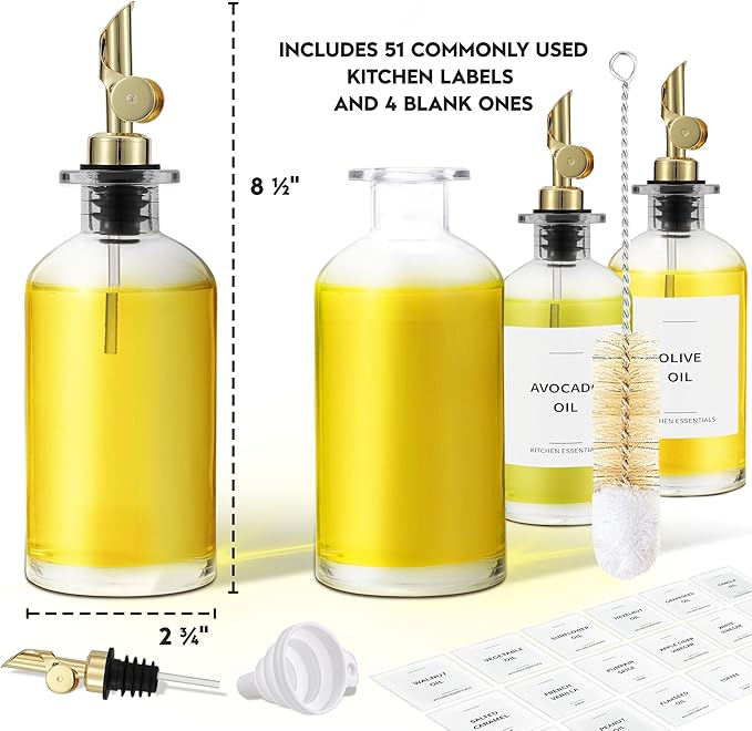 Oil Dispenser for Kitchen - Glass Olive Oil Bottle Set of 4 (11.8oz) with Gold Weighted Self-Closing Pourer - Cooking Oil Dispenser with 66 Labels, Aligner & Funnel