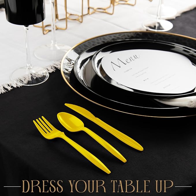 PLASTICPRO 400 Pack Disposable Plastic Utensils Assorted Colored Cutlery Combo Set Forks Spoons Knives Silverware, Yellow Plastic Cutlery for Parties