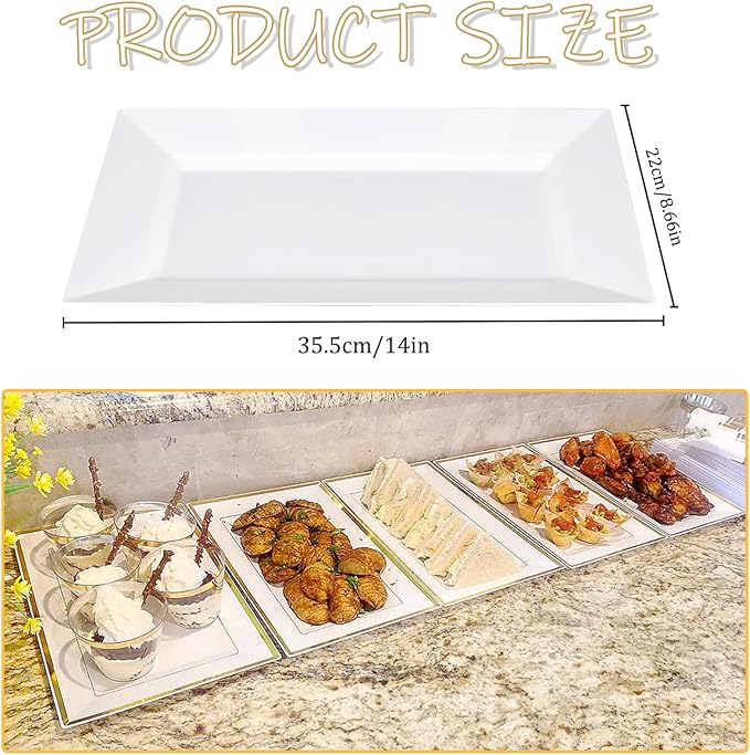 Mwellewm 12 Pcs White Plastic Serving Trays, 14''x9'' Rectangle Dessert Trays for Dessert Table, Party Food Display Set Disposable Platters Cookie Cupcake Gold Serving Tray for Birthday Party Wedding