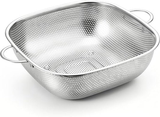 E-far 6QT Stainless Steel Colander with Handle - Square Metal Kitchen Strainer for Pasta & Vegetable Draining, Micro-Perforated & Elevated Feet, Dishwasher Safe