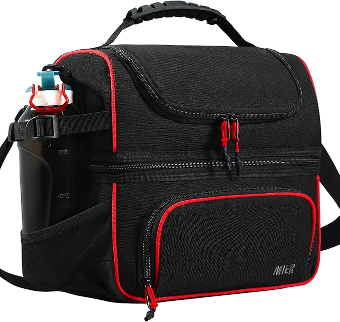 MIER Dual Compartment Lunch Bag Tote with Shoulder Strap for Men and Women Insulated Leakproof Cooler Bag, Black/Red