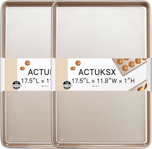 2-Pack Carbon Steel Baking Sheet Pans - 17.5x11.8x1 Inch Nonstick Cookie Sheets, Heavy-Duty Oven Safe Trays for Baking Cookies, Roasting & Sheet Pan Dinners (Gold)