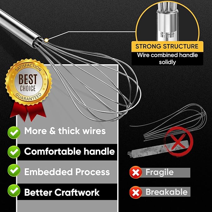 OOKUU Stainless Steel Wire Whisk Set - 3 Packs Balloon Whisk, Thick Wire Wisk ＆ Strong Handles, Egg Frother for Cooking, Blending, Whisking, Beating and Stirring (8"+10"+12")