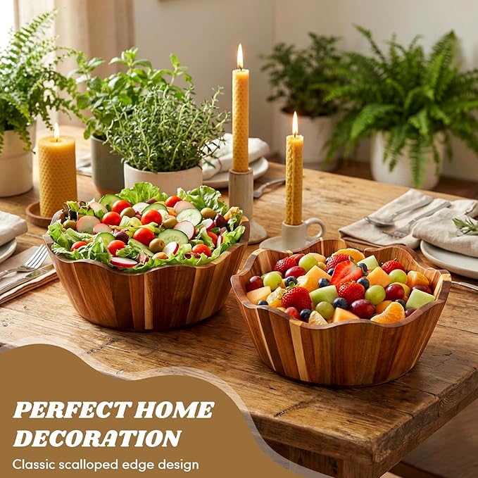 2 Pcs Scalloped Decorative Wooden Bowl 12 Inch Acacia Wood Fruit & Serving Bowl Handcrafted Rustic Decorative Bowls for Fruit, Salad, Snacks and Home Kitchen Counter Decor Wedding Decor