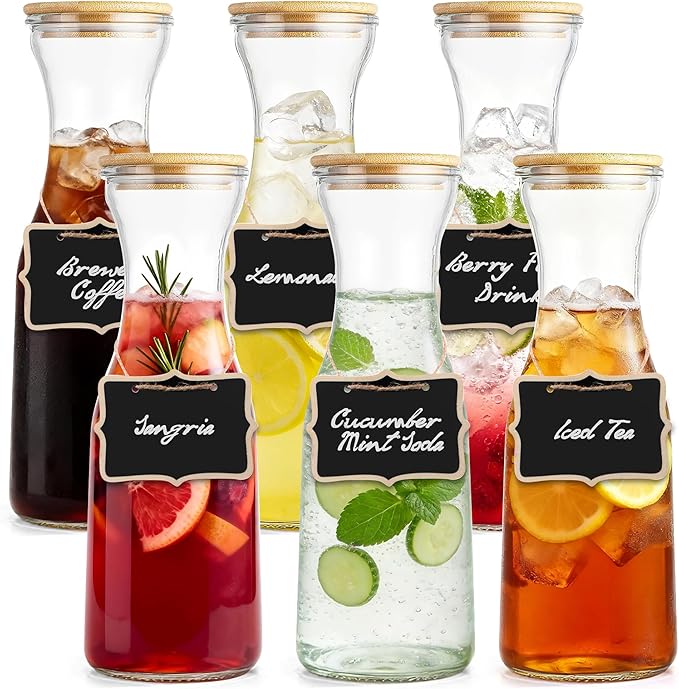 Glass Carafe with Bamboo Lid, Round 35 Oz Beverage Dispensers Carafe, Mimosa Bar Supplies, Clear Glass Pitcher with Name Labels for Iced Tea, Coffee, Juice(Set of 6)