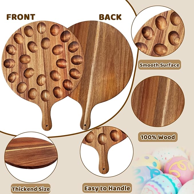 Deviled Egg Platter,Wooden Deviled Egg Tray,Reversible 24 Holes Round Egg Holder Container Charcuterie Board for Kitchen Countertops,Serving Tray(Acacia Wood)