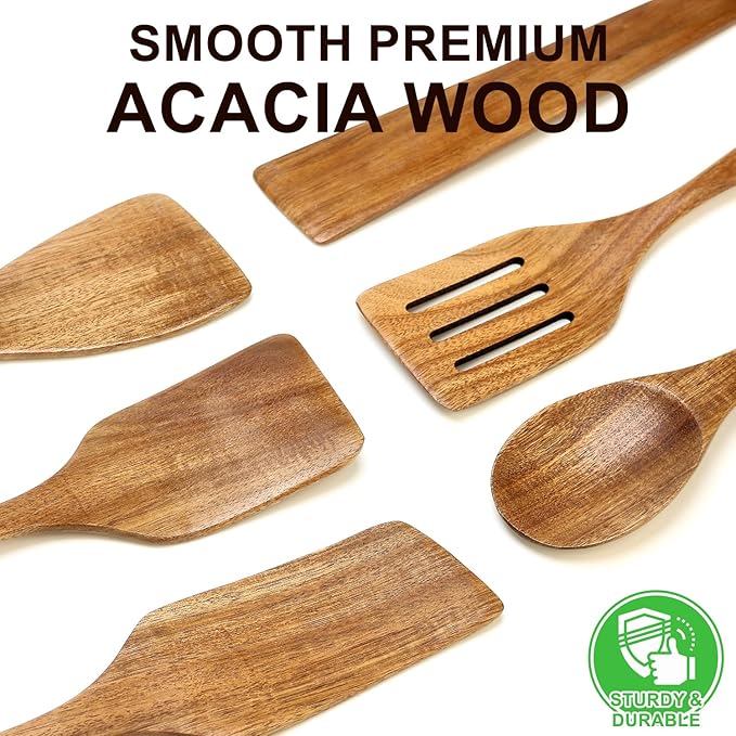 6 Pack Acacia Wood Spatula Set Non Toxic Kitchen Utensils for Cooking Spoon Flat Wooden Wok Spatula Spurtle Kitchen Tools Slotted Turner Scraper Bamboo Cooking Utensil Set Fish Egg Flipper Spatulas