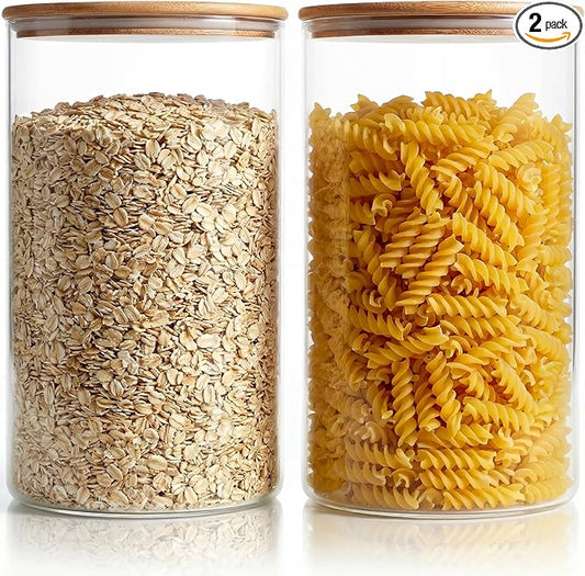 Extra Large Glass Flour and Sugar Storage Containers with Airtight Lids,132 floz x2 [Set of 2] Big Glass Jars with Bamboo Lids, Air Tight Food Storage Jars for Cereal, Pasta, Rice, Coffee