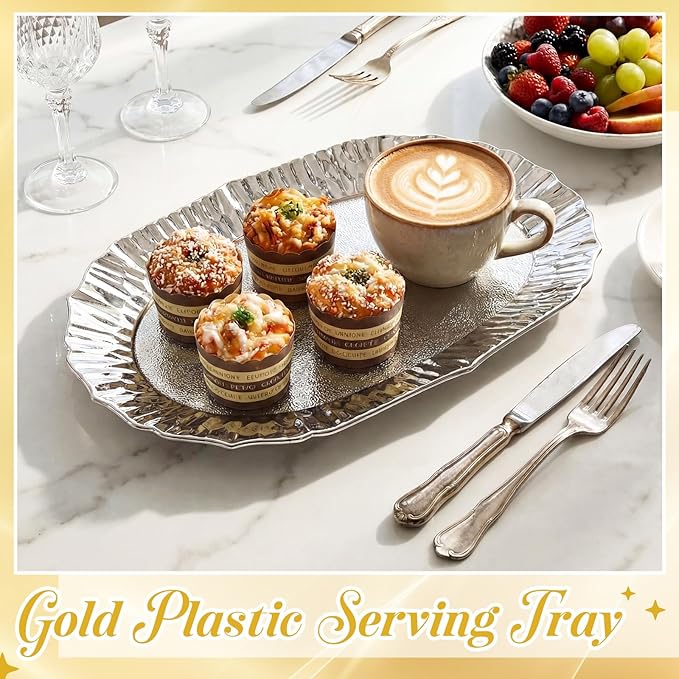 12 Pcs Sliver Plastic Serving Tray Bulk, 14.5" x 8.6" Rectangle Silver Party Platters Reusable Decorative Dessert Table Serving Trays Snack Food Tray for Cupcake Wedding Birthday Party